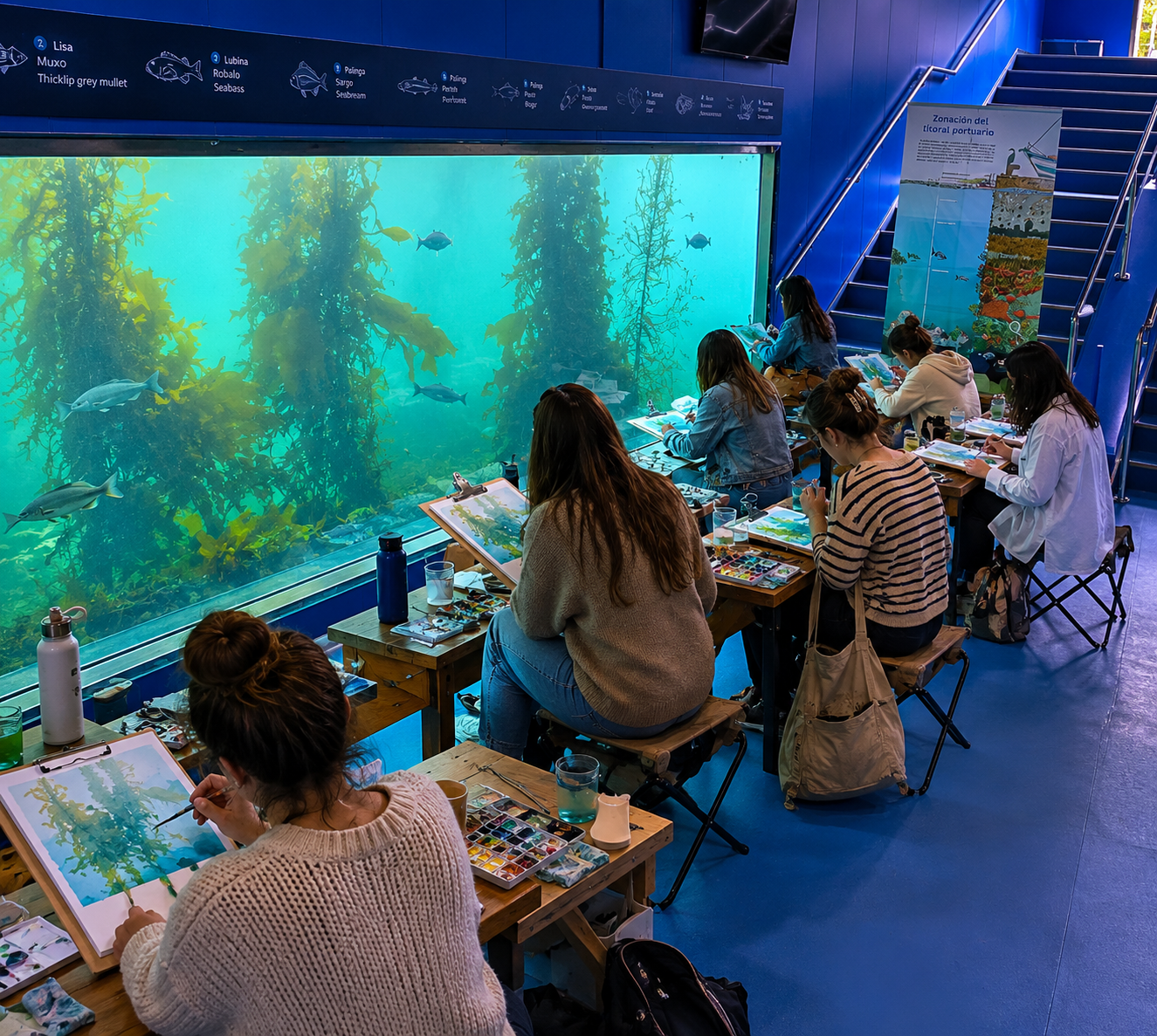 personas en un taller de acuarela en el observatorio Nautilis